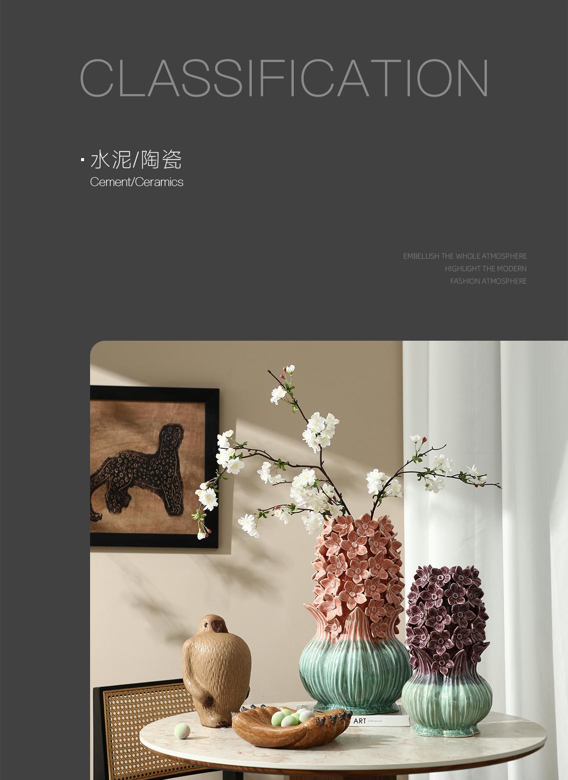 Colourful floral ceramic vases and decorative objects on a marble table